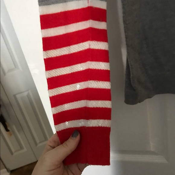 GAP Grey Sweater w/ Orange & White Striped Sleeves - Picture 3 of 4